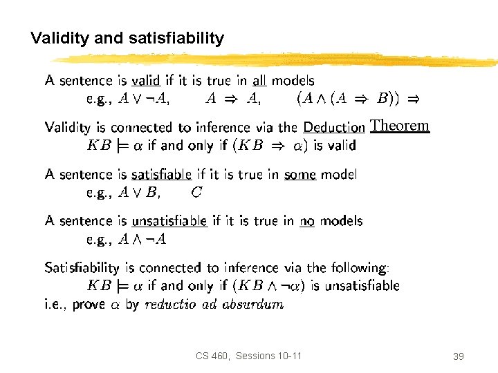 Validity and satisfiability Theorem CS 460, Sessions 10 -11 39 