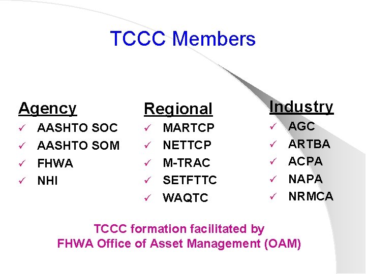 TCCC Members Agency Regional AASHTO SOC ü AASHTO SOM ü FHWA ü NHI ü