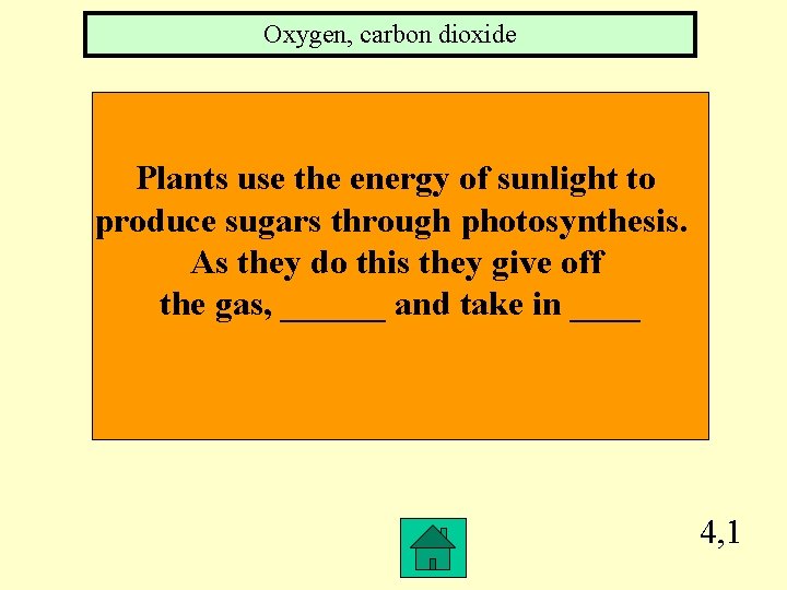 Oxygen, carbon dioxide Plants use the energy of sunlight to produce sugars through photosynthesis.