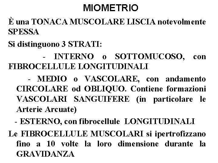 MIOMETRIO È una TONACA MUSCOLARE LISCIA notevolmente SPESSA Si distinguono 3 STRATI: - INTERNO