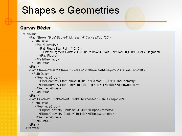 Shapes e Geometries Curvas Bézier <Canvas> <Path Stroke="Blue" Stroke. Thickness="5" Canvas. Top="20"> <Path. Data>