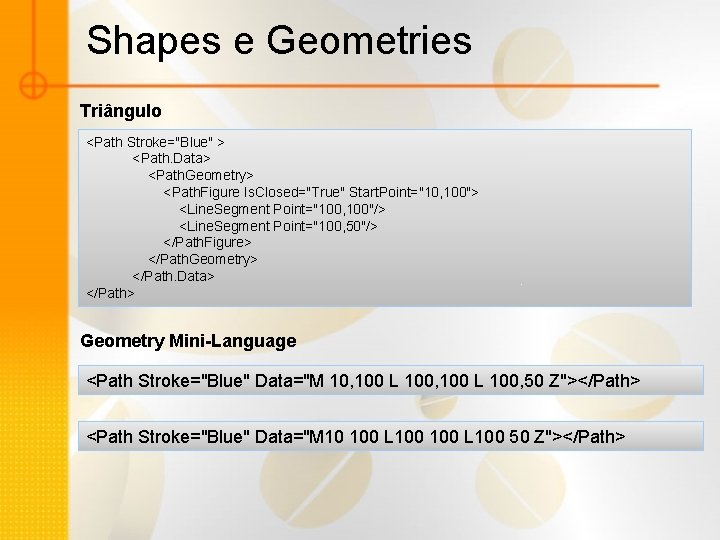 Shapes e Geometries Triângulo <Path Stroke="Blue" > <Path. Data> <Path. Geometry> <Path. Figure Is.