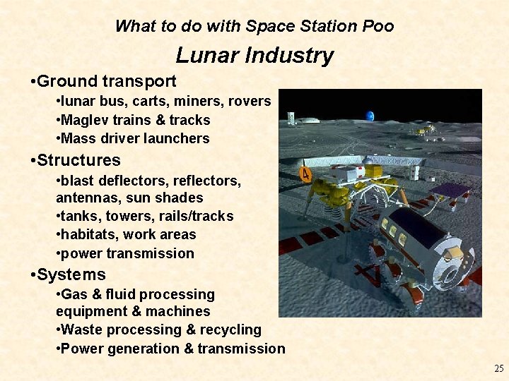What to do with Space Station Poo Lunar Industry • Ground transport • lunar