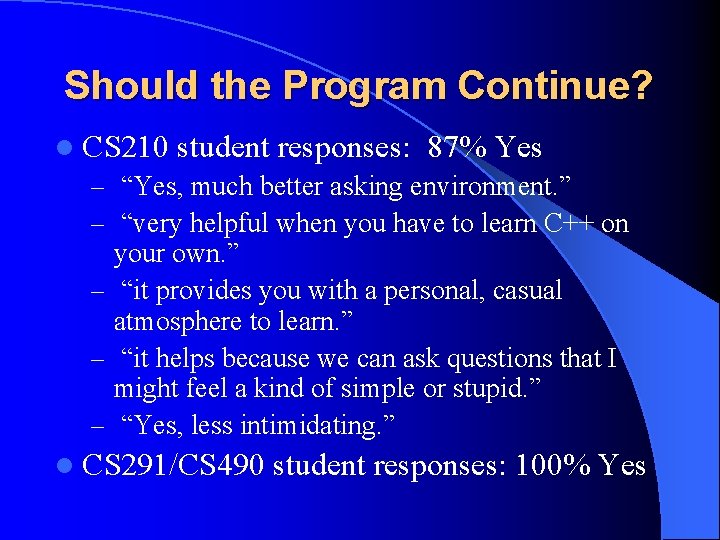 Should the Program Continue? l CS 210 student responses: 87% Yes – “Yes, much