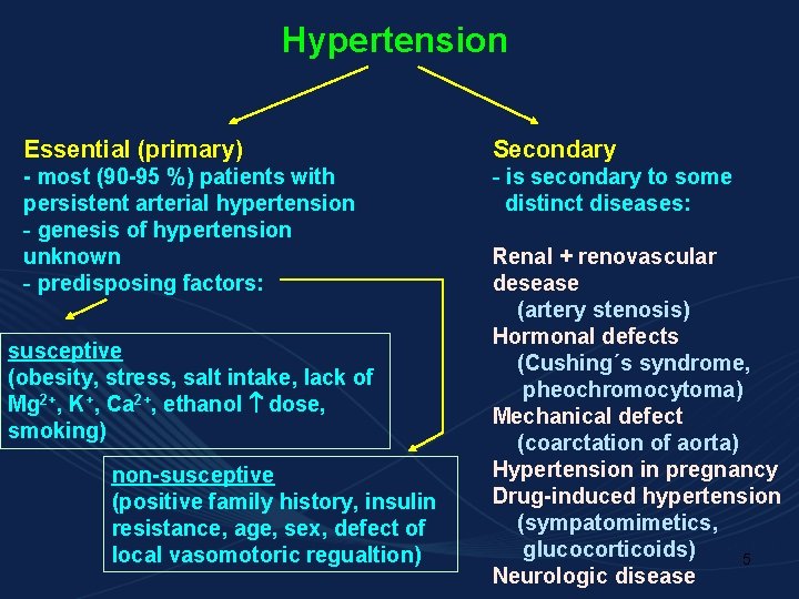 Hypertension Essential (primary) Secondary - most (90 -95 %) patients with persistent arterial hypertension