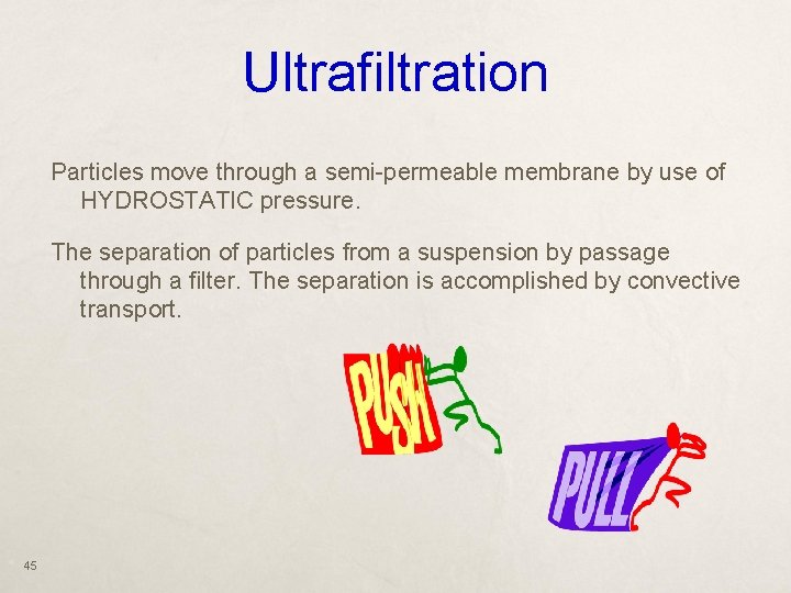 Ultrafiltration Particles move through a semi-permeable membrane by use of HYDROSTATIC pressure. The separation