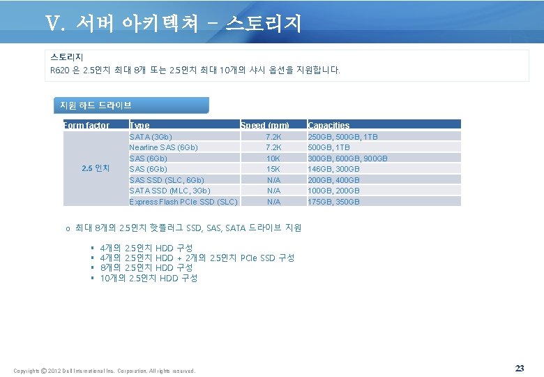 V. 서버 아키텍쳐 - 스토리지 R 620 은 2. 5인치 최대 8개 또는 2.