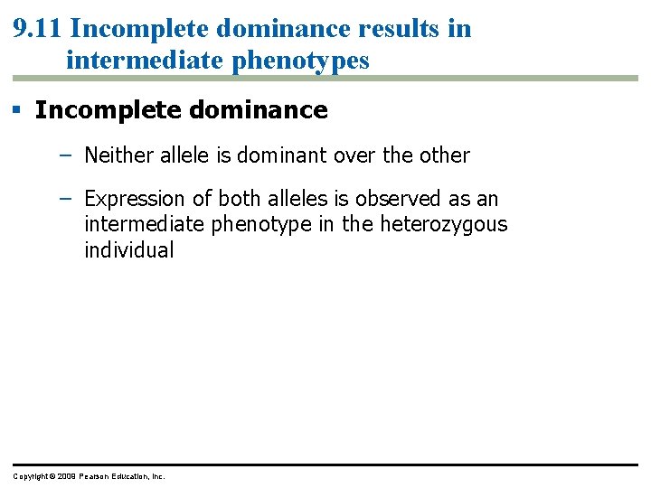 9. 11 Incomplete dominance results in intermediate phenotypes Incomplete dominance – Neither allele is