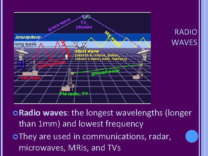 RADIO WAVES Radio waves: the longest wavelengths (longer than 1 mm) and lowest frequency RADIO WAVES Radio waves: the longest wavelengths (longer than 1 mm) and lowest frequency