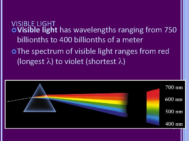 VISIBLE LIGHT Visible light has wavelengths ranging from 750 billionths to 400 billionths of VISIBLE LIGHT Visible light has wavelengths ranging from 750 billionths to 400 billionths of