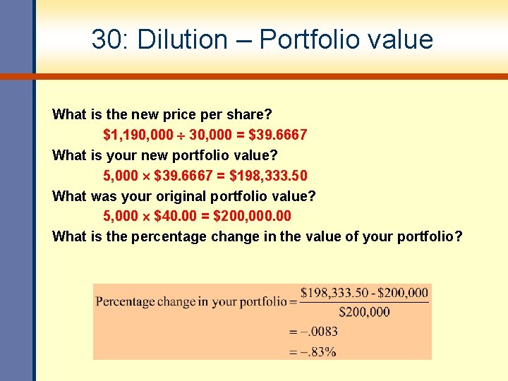 30: Dilution – Portfolio value What is the new price per share? $1, 190,