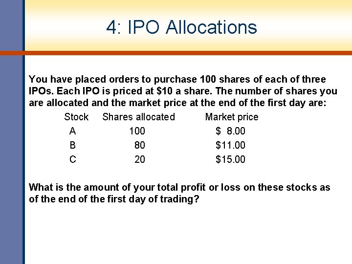 4: IPO Allocations You have placed orders to purchase 100 shares of each of