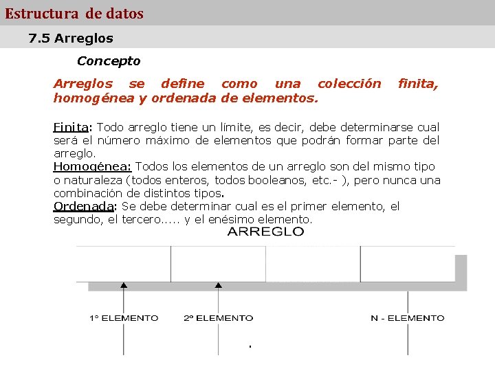 Estructura de datos 7. 5 Arreglos Concepto Arreglos se define como una colección homogénea