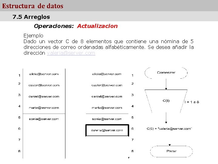 Estructura de datos 7. 5 Arreglos Operaciones: Actualizacion Ejemplo Dado un vector C de