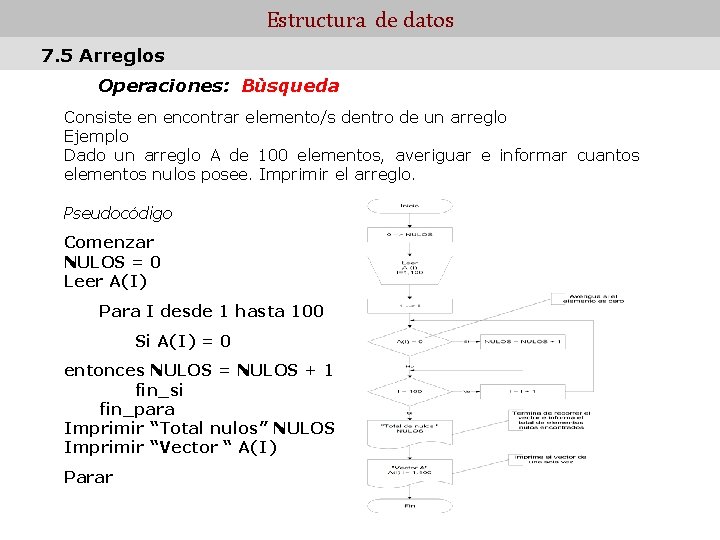 Estructura de datos 7. 5 Arreglos Operaciones: Bùsqueda Consiste en encontrar elemento/s dentro de