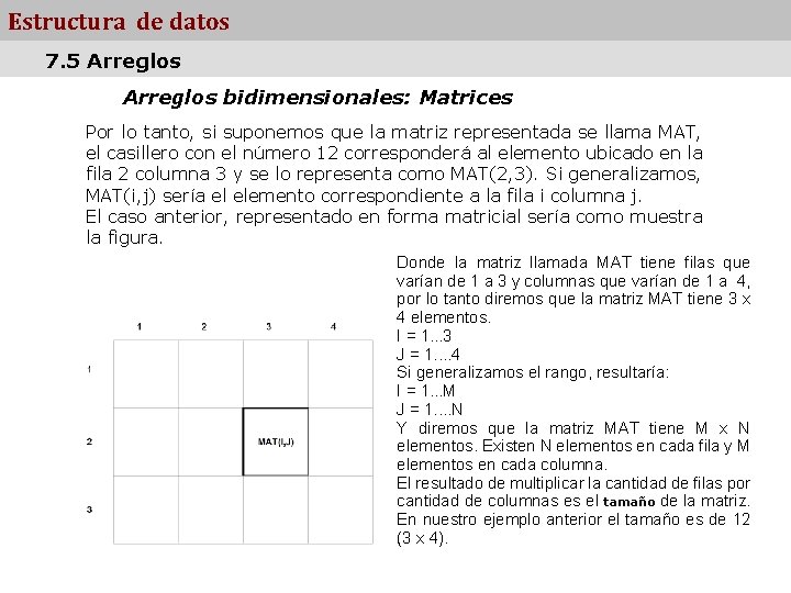 Estructura de datos 7. 5 Arreglos bidimensionales: Matrices Por lo tanto, si suponemos que