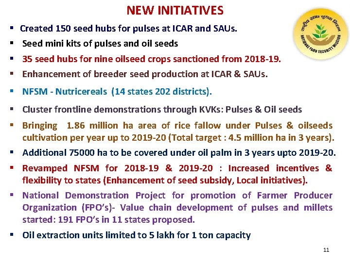 NEW INITIATIVES § § Created 150 seed hubs for pulses at ICAR and SAUs.