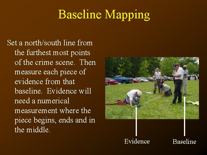 Baseline Mapping Set a north/south line from the furthest most points of the crime