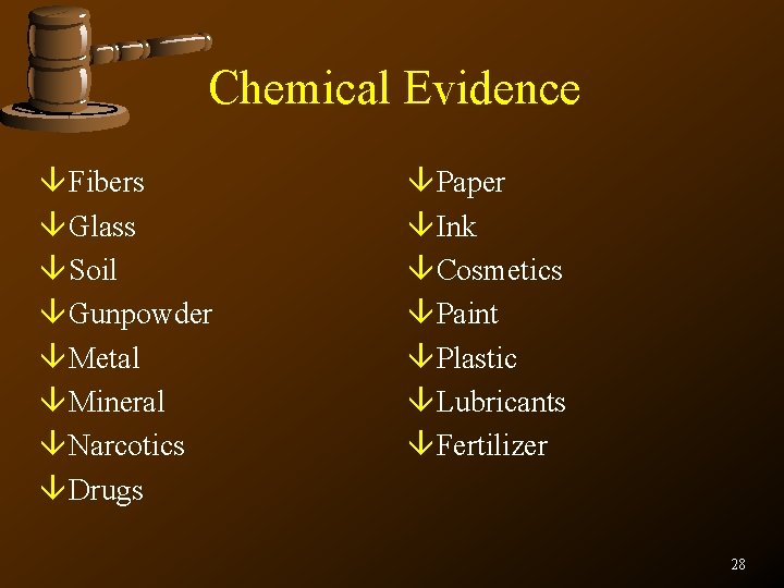 Chemical Evidence â Fibers â Glass â Soil â Gunpowder â Metal â Mineral