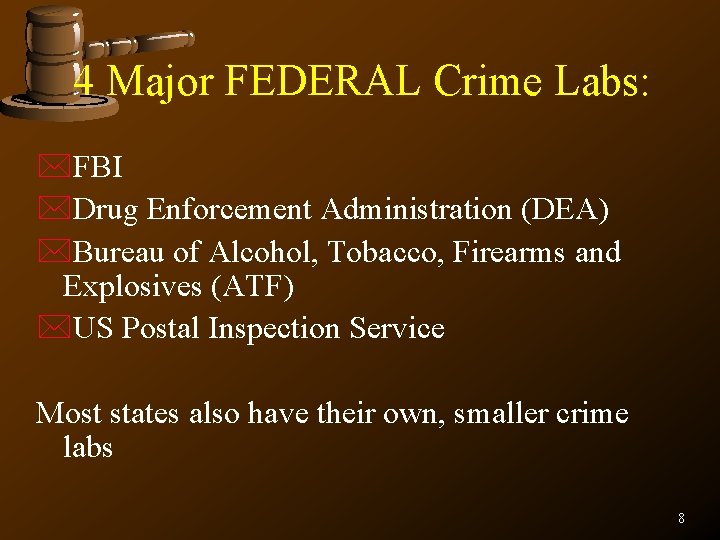 4 Major FEDERAL Crime Labs: *FBI *Drug Enforcement Administration (DEA) *Bureau of Alcohol, Tobacco,