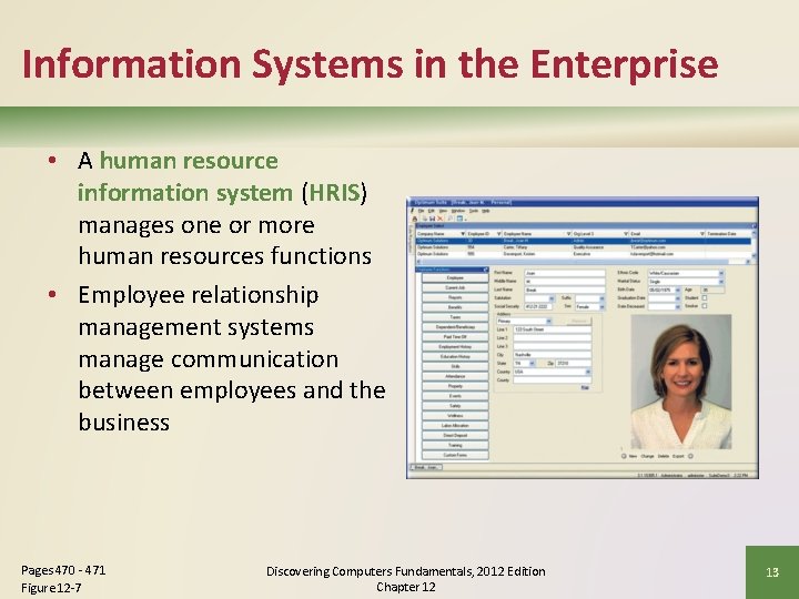 Information Systems in the Enterprise • A human resource information system (HRIS) manages one
