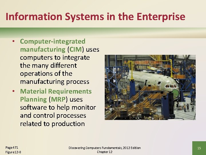 Information Systems in the Enterprise • Computer-integrated manufacturing (CIM) uses computers to integrate the