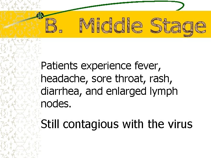 Patients experience fever, headache, sore throat, rash, diarrhea, and enlarged lymph nodes. Still contagious