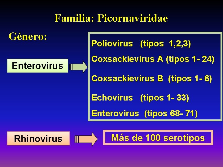 Familia: Picornaviridae Género: Enterovirus Poliovirus (tipos 1, 2, 3) Coxsackievirus A (tipos 1 -