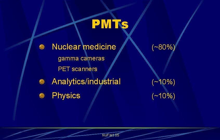 PMTs Nuclear medicine (~80%) gamma cameras PET scanners Analytics/industrial (~10%) Physics (~10%) Nu. Fact