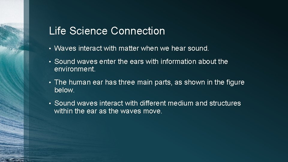 Life Science Connection • Waves interact with matter when we hear sound. • Sound