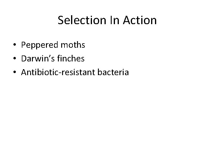 Selection In Action • Peppered moths • Darwin’s finches • Antibiotic-resistant bacteria Selection In Action • Peppered moths • Darwin’s finches • Antibiotic-resistant bacteria