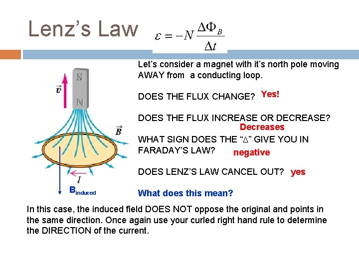 Lenz’s Law Let’s consider a magnet with it’s north pole moving AWAY from a
