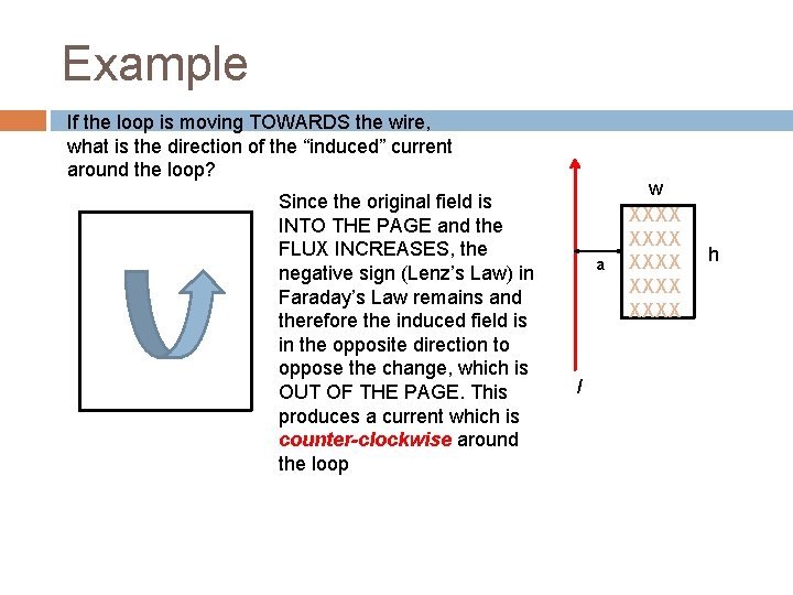 Example If the loop is moving TOWARDS the wire, what is the direction of