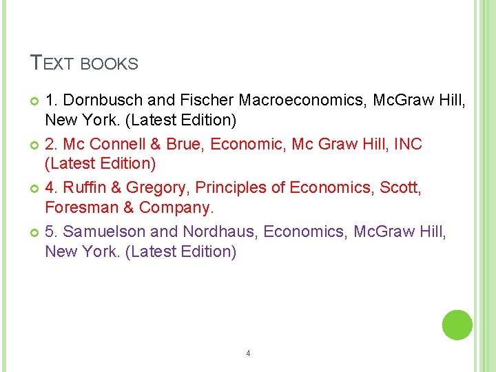 TEXT BOOKS 1. Dornbusch and Fischer Macroeconomics, Mc. Graw Hill, New York. (Latest Edition)