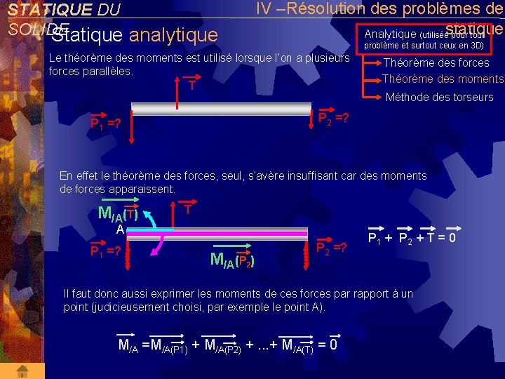 STATIQUE DU SOLIDE Statique analytique IV –Résolution des problèmes de Analytique (utiliséestatique pour tout