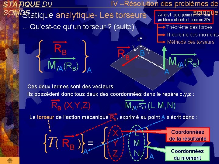 IV –Résolution des problèmes de STATIQUE DU SOLIDE Analytique (utiliséestatique pour tout Statique analytique-