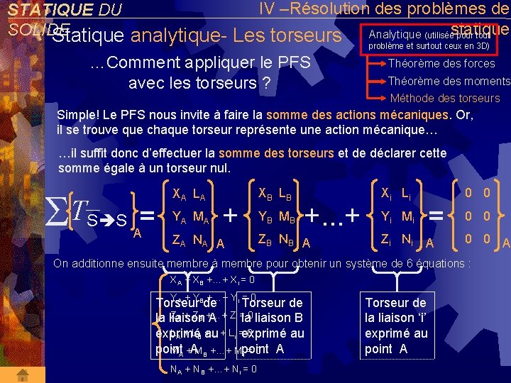 IV –Résolution des problèmes de STATIQUE DU SOLIDE Analytique (utiliséestatique pour tout Statique analytique-