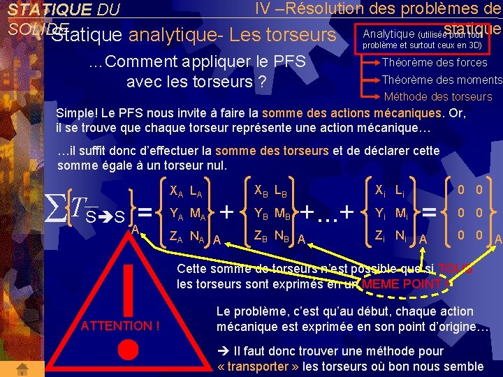 IV –Résolution des problèmes de STATIQUE DU SOLIDE Analytique (utiliséestatique pour tout Statique analytique-