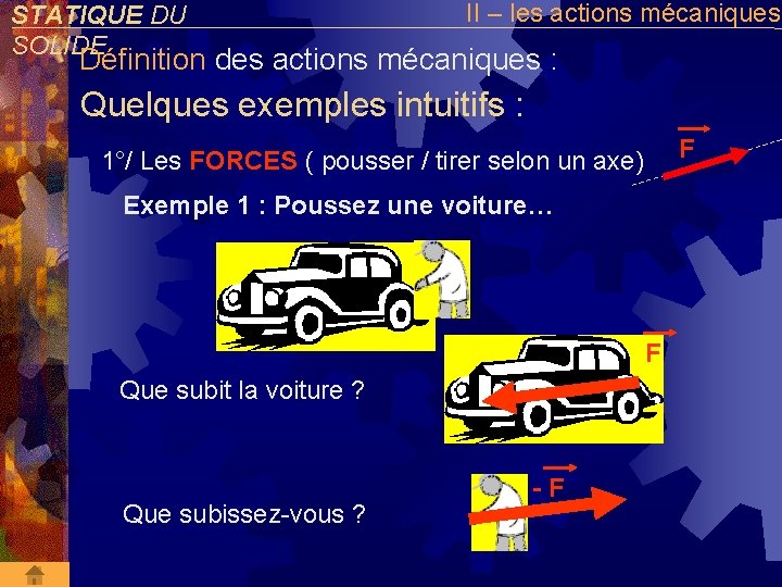 STATIQUE DU SOLIDE II – les actions mécaniques Définition des actions mécaniques : Quelques