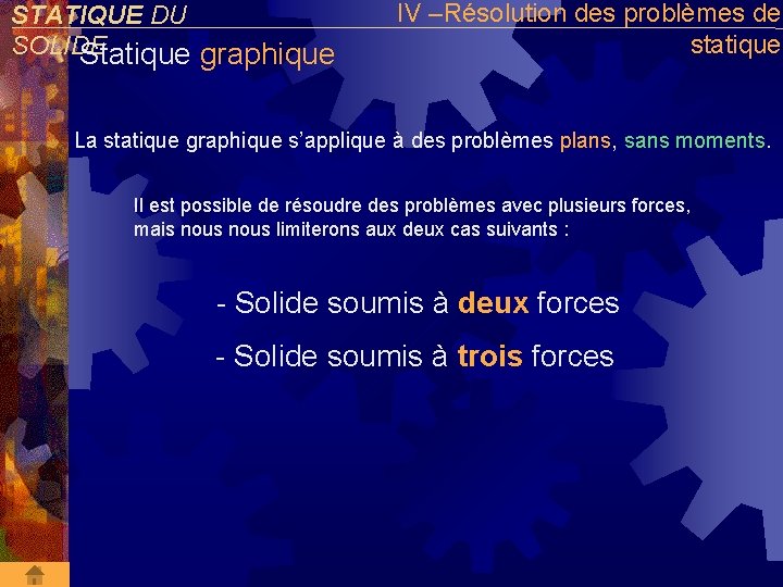 STATIQUE DU SOLIDE Statique graphique IV –Résolution des problèmes de statique La statique graphique