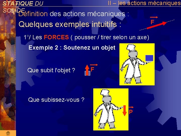 II – les actions mécaniques STATIQUE DU SOLIDE Définition des actions mécaniques : F