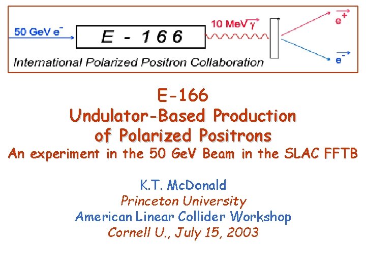 E-166 Undulator-Based Production of Polarized Positrons An experiment in the 50 Ge. V Beam