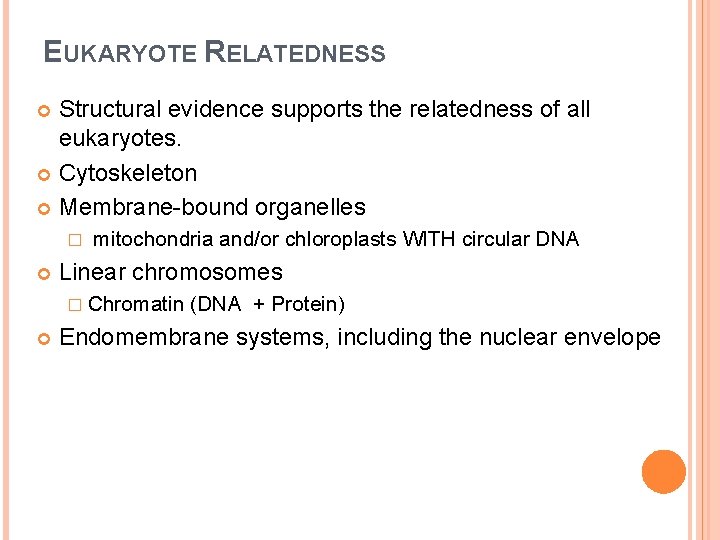 EUKARYOTE RELATEDNESS Structural evidence supports the relatedness of all eukaryotes. Cytoskeleton Membrane-bound organelles � EUKARYOTE RELATEDNESS Structural evidence supports the relatedness of all eukaryotes. Cytoskeleton Membrane-bound organelles �
