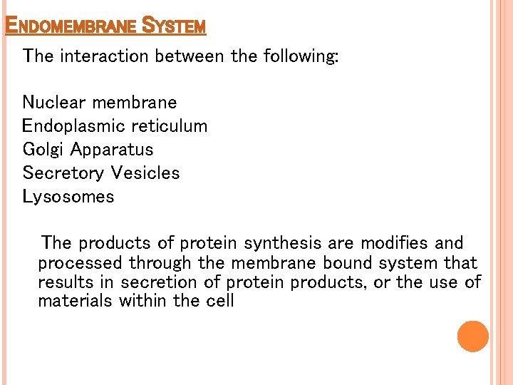 ENDOMEMBRANE SYSTEM The interaction between the following: Nuclear membrane Endoplasmic reticulum Golgi Apparatus Secretory ENDOMEMBRANE SYSTEM The interaction between the following: Nuclear membrane Endoplasmic reticulum Golgi Apparatus Secretory