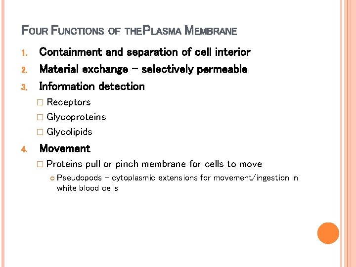 FOUR FUNCTIONS 1. 2. 3. OF THE PLASMA MEMBRANE Containment and separation of cell FOUR FUNCTIONS 1. 2. 3. OF THE PLASMA MEMBRANE Containment and separation of cell