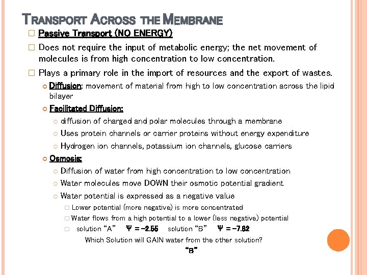 TRANSPORT ACROSS THE MEMBRANE Passive Transport (NO ENERGY) � Does not require the input TRANSPORT ACROSS THE MEMBRANE Passive Transport (NO ENERGY) � Does not require the input
