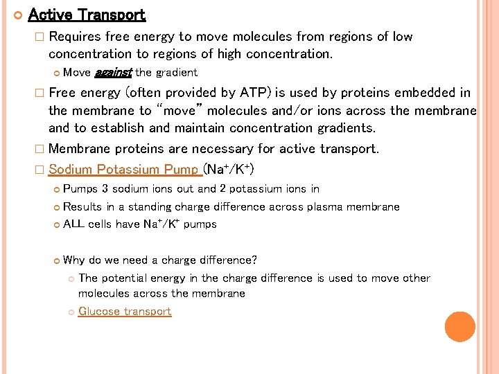 Active Transport � Requires free energy to move molecules from regions of low Active Transport � Requires free energy to move molecules from regions of low