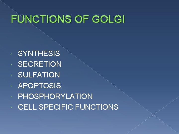 FUNCTIONS OF GOLGI SYNTHESIS SECRETION SULFATION APOPTOSIS PHOSPHORYLATION CELL SPECIFIC FUNCTIONS 