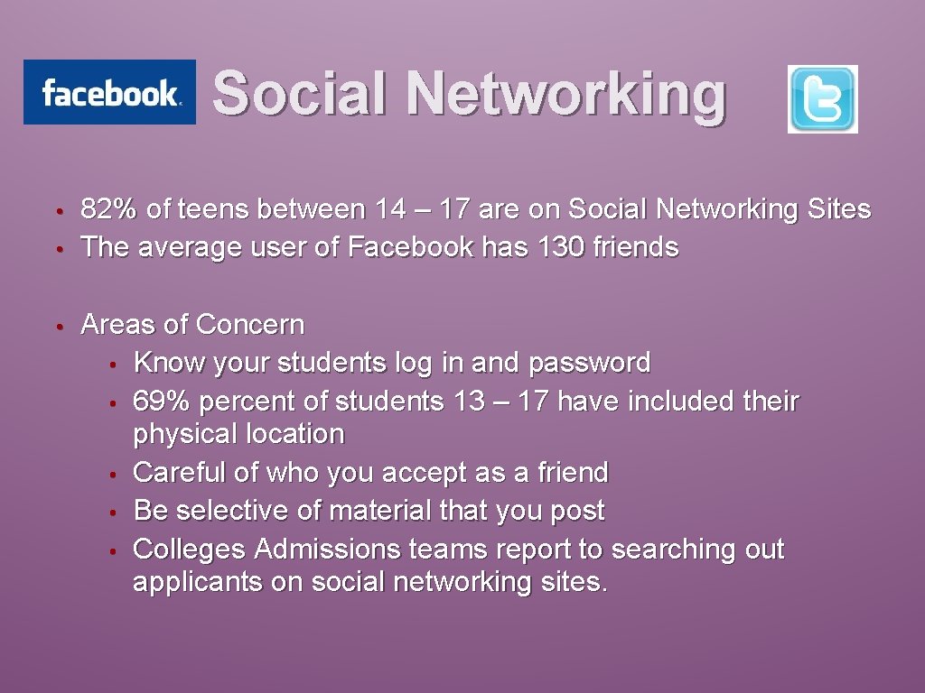 Social Networking • • • 82% of teens between 14 – 17 are on