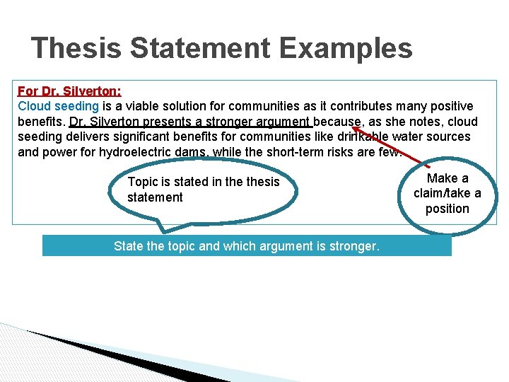 Thesis Statement Examples For Dr. Silverton: Cloud seeding is a viable solution for communities